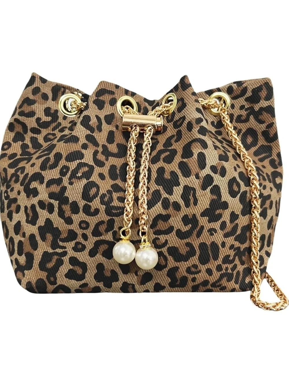 Leopard Print Drawstring Bucket Bag with Gold Chain